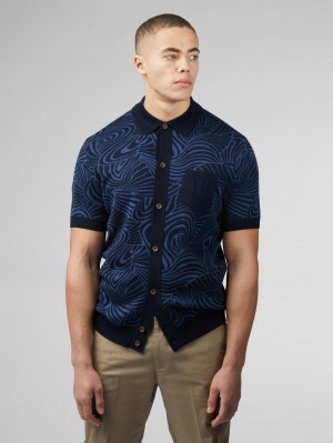 Ben Sherman B by Ben Sherman Swirl Jacquard Button Through Polo Triko Lacivert | 9568-FGYHT