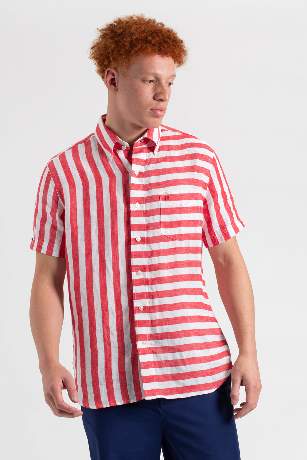 Ben Sherman B by Ben Sherman Candy Stripe Linen Short Sleeve Gömlek Pembe Kırmızı | 8526-VUJND