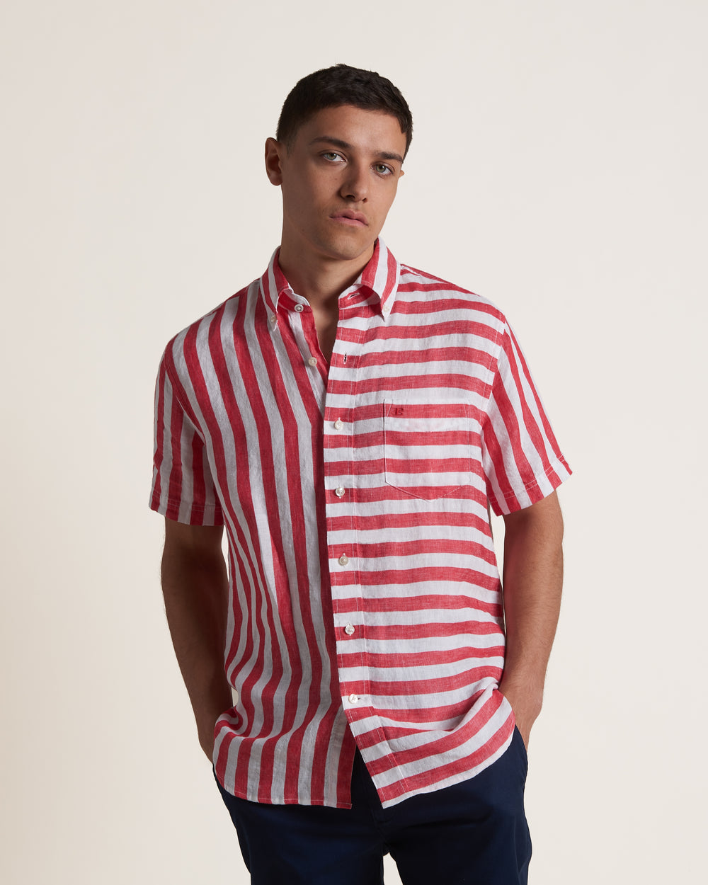 Ben Sherman B by Ben Sherman Candy Stripe Linen Short Sleeve Gömlek Pembe Kırmızı | 8526-VUJND