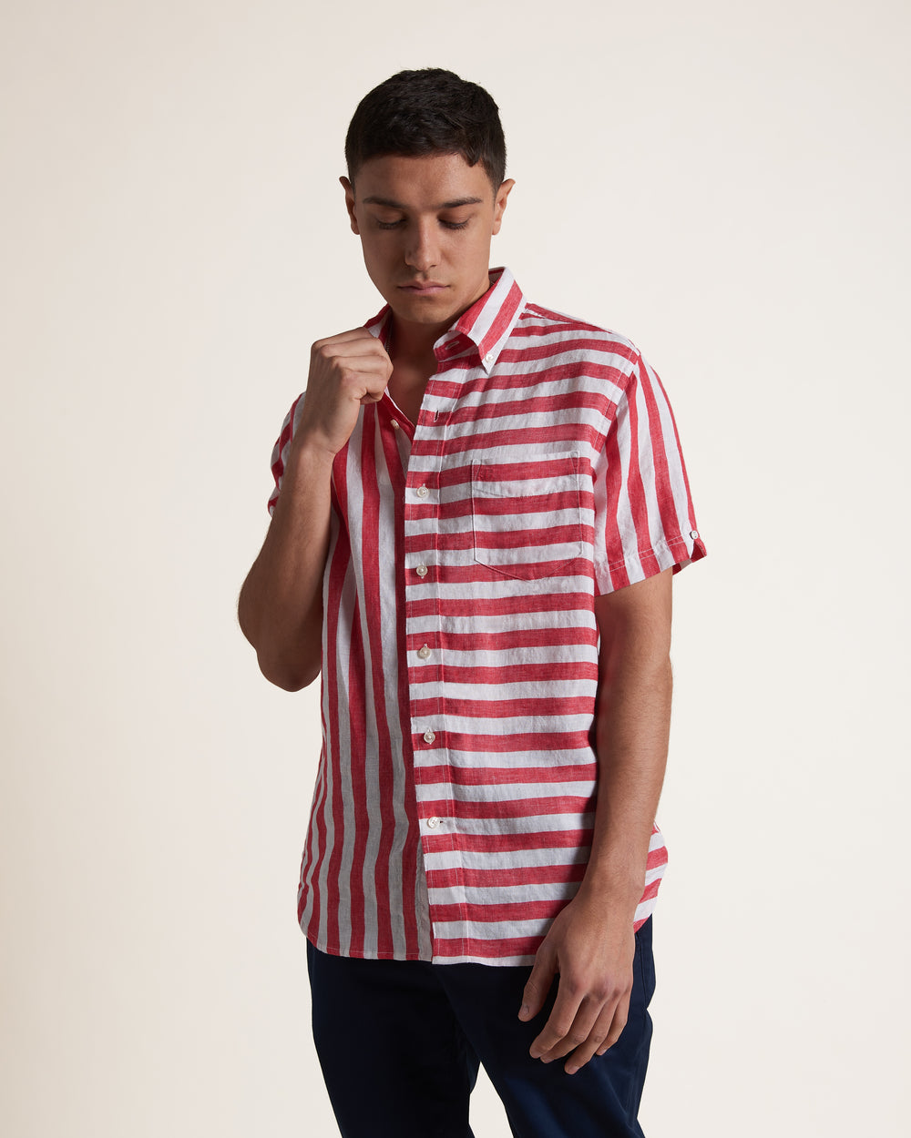 Ben Sherman B by Ben Sherman Candy Stripe Linen Short Sleeve Gömlek Pembe Kırmızı | 8526-VUJND