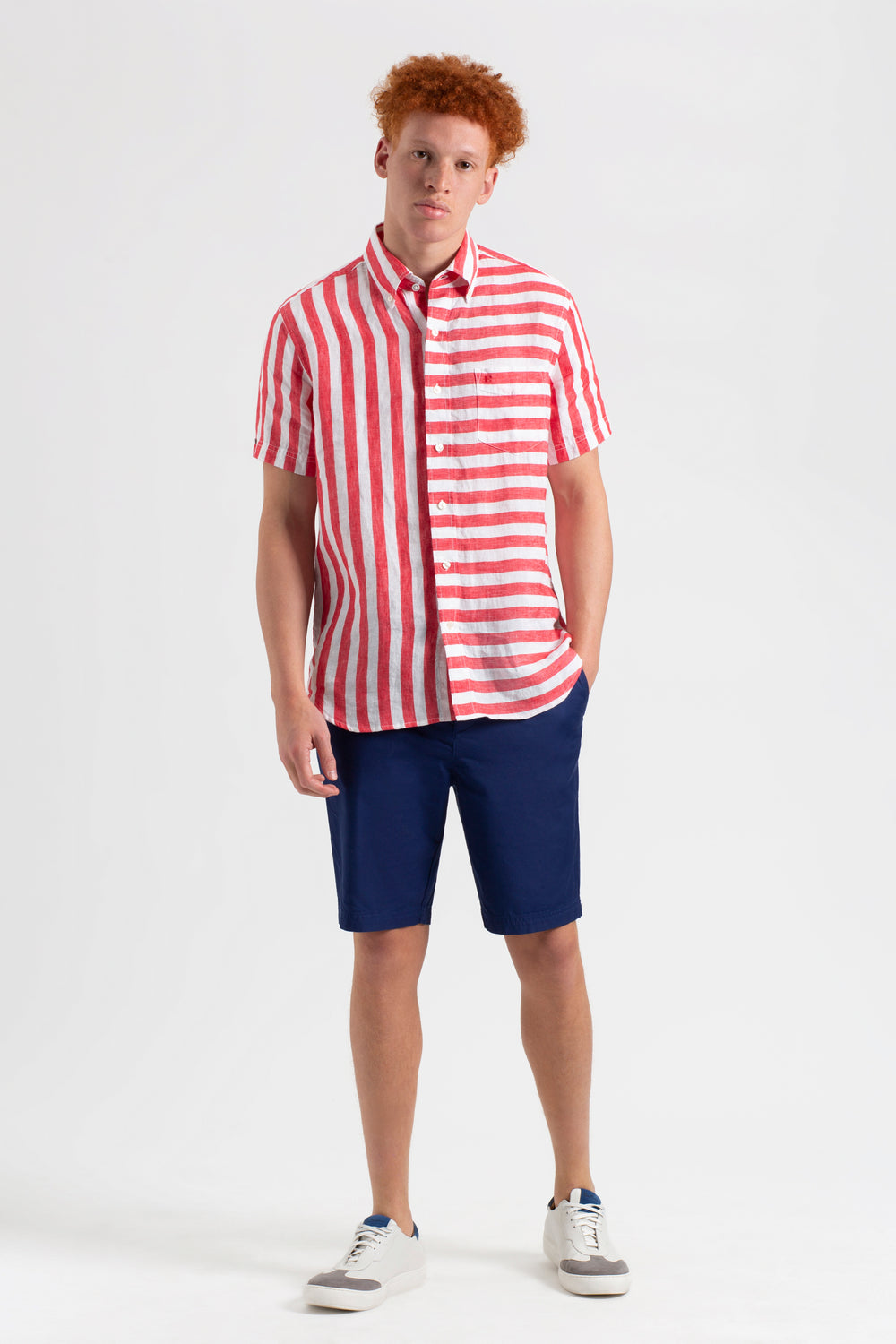 Ben Sherman B by Ben Sherman Candy Stripe Linen Short Sleeve Gömlek Pembe Kırmızı | 8526-VUJND