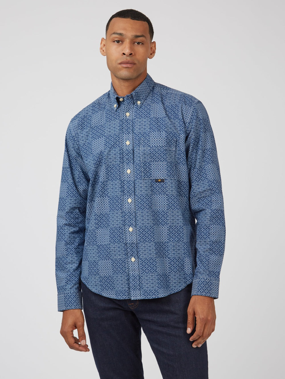 Ben Sherman Chambray Patchwork Geo Print Long-Sleeve Gömlek Mavi | 1087-XZPMK