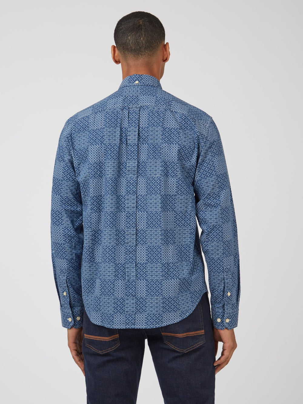 Ben Sherman Chambray Patchwork Geo Print Long-Sleeve Gömlek Mavi | 1087-XZPMK