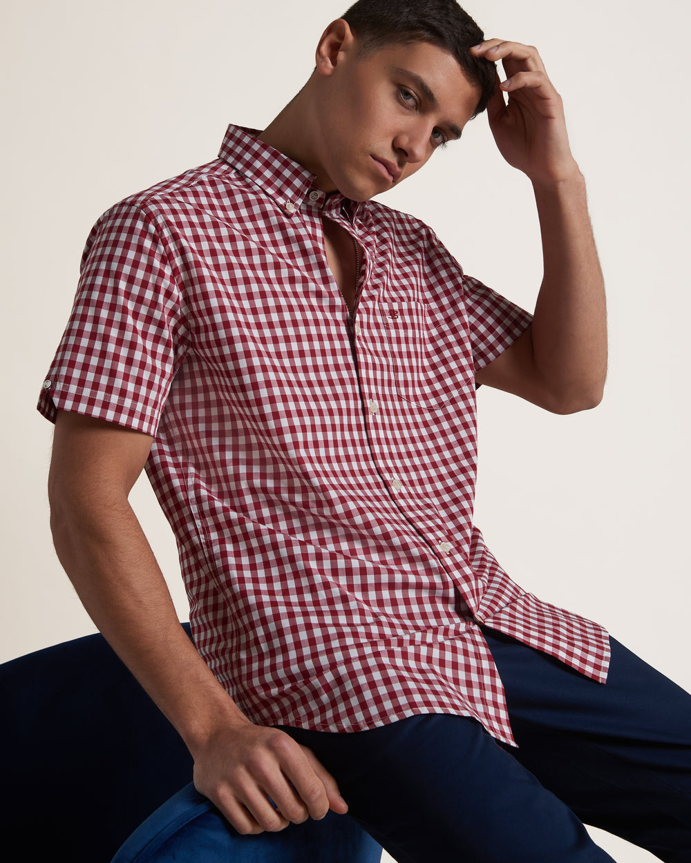 Ben Sherman Short Sleeve House Poplin Gingham Gömlek Bordo | 7481-QUCBH