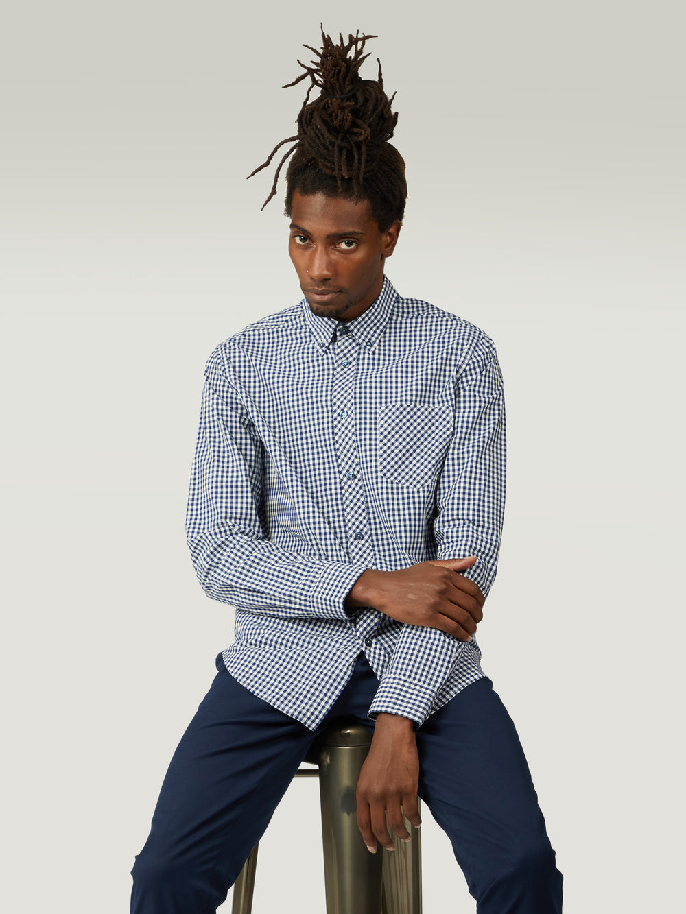 Ben Sherman Signature Long-Sleeve Gingham Gömlek Koyu Mavi | 6192-EVDMH